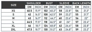 Size chart for casual leather jacket showing measurements in CM and INCH from XS to 2XL