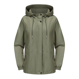 Detail of army green hooded windbreaker showing drawstring hood and snap button placket