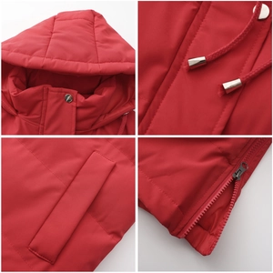 Detail view of red hooded vest showing metal snaps, drawstring and side zipper closure