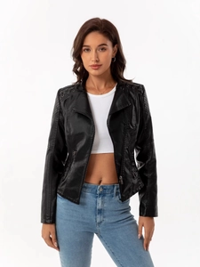 Women's black faux leather biker jacket with quilted shoulder details and slim fit