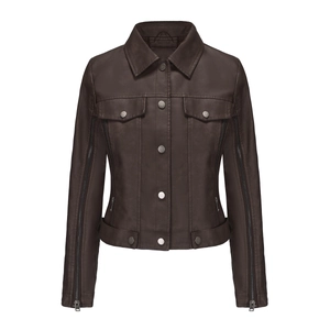 Detailed view of the dark brown PU leather jacket with unique sleeve zipper decorations