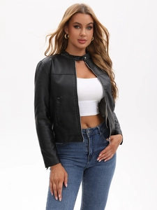 Women's Faux Leather Jacket Moto PU Stand Collar Coat With Metal Zipper Casual Solid Color Streetwear Outerwear For Autumn