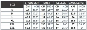 Detailed size chart for women's hooded rain jacket with shoulder and bust measurements