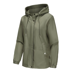 Detail view of army green hooded windbreaker jacket featuring snap button closure and pockets