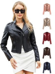 Women's Slim Fit PU Faux Leather Biker Moto Jacket Rivet Short Long Sleeve Zip Up Outwear Spring Autumn Coat