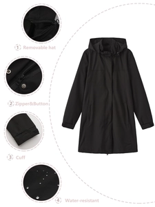 Women's waterproof long black windbreaker with a removable hood and adjustable cuffs