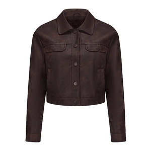 Detailed view of dark brown faux leather jacket with metal snap buttons and chest pockets