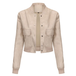 Detailed view of beige suede bomber jacket featuring ribbed trim and large front pockets