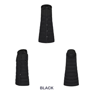 Detailed views of black hooded long padded vest featuring horizontal quilting and side zippers