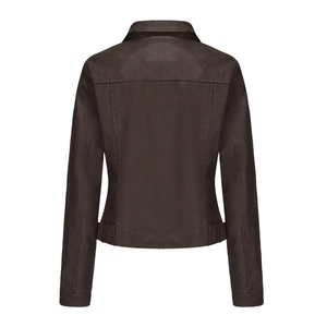 Back view of a brown faux leather biker jacket with collar and adjustable waist buckles