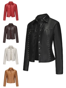 Women's Faux PU Leather Jacket With Metal Rivet Studded Turn-down Collar Button Down Streetwear Biker Casual Fashion Outwear