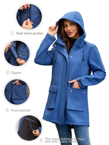 Detail view of navy hooded jacket featuring fleece lining and adjustable drawstring waist