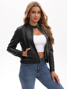 Detailed view of women's black PU leather jacket with stand collar and silver metal zipper