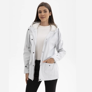 Detail of white hooded parka with warm fleece lining and water-resistant fabric finish
