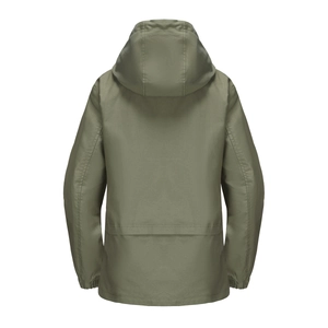 Back view of a deep olive green hooded windbreaker with water-resistant matte fabric