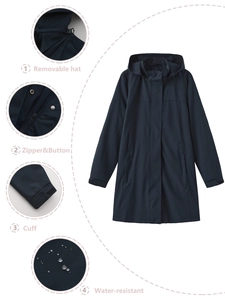 Water-resistant long windbreaker for women with detachable hood and windproof cuffs