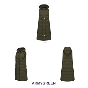 Three-way view of army green hooded long puffer vest with snap buttons and quilted texture