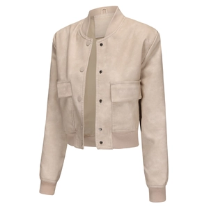 Close-up of beige faux suede jacket featuring ribbed cuffs and large chest flap pockets