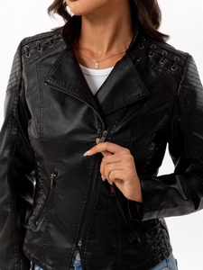 Women's black moto faux leather jacket featuring lapels and embossed shoulder details