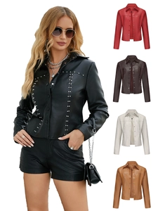 Women's faux leather rivet jacket with button closure and slim fit design