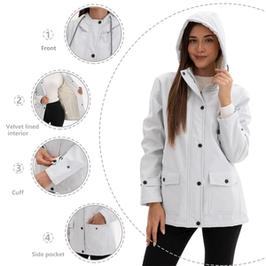 Detail view of water resistant women's hooded jacket with velvet lining and large side pockets
