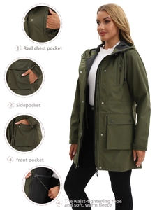 Women's army green waterproof hooded jacket with warm fleece lining and adjustable waist