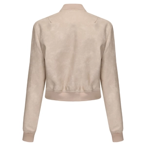Detailed back view of oversized faux leather jacket with ribbed stand-up collar and cuffs