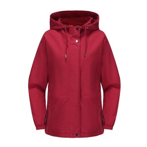 Detail of red hooded windbreaker featuring a zipper closure and drawstring hood