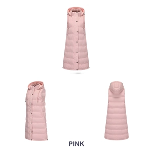 Three-way view of a long pink hooded puffer vest showing front, side and back details