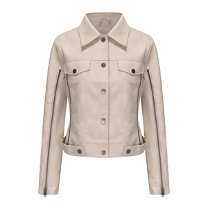 Detail of light beige suede jacket featuring long zipper sleeves and metallic buttons