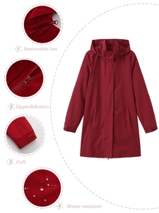 Burgundy water-resistant women coat with removable hood and adjustable cuffs