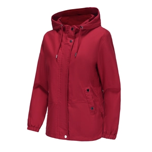 Detail of red hooded windbreaker featuring drawstring hood and snap button closures