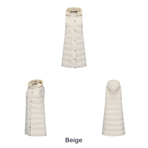 Three-way view of long beige hooded puffer vest with side quilting and metal buttons