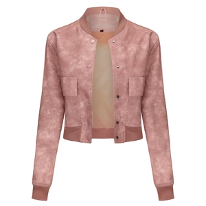 Close-up of pink faux suede jacket with metallic buttons and ribbed cuffs