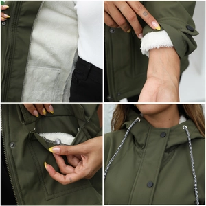 Detail view of army green hooded parka showing warm faux shearling lining and drawstring hood