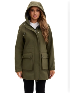 Front detail of olive green waterproof raincoat with hood and double front closure