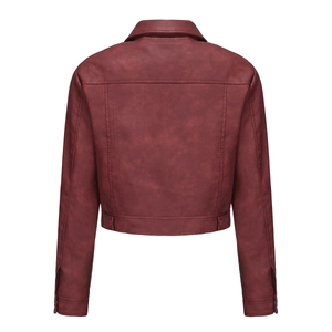Macro detail of wine red faux leather jacket back with reinforced stitching and button hem