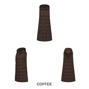 Detailed views of women's long hooded quilted vest in coffee brown showing front and back