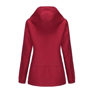 Detail view of the back of a deep red hooded windbreaker with elastic cuffs and stitching