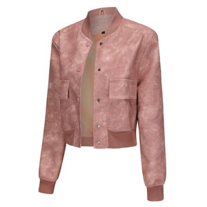 Detail of matte mauve faux suede bomber jacket featuring ribbed cuffs and silver snap buttons