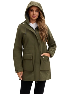 Women's army green hooded rain jacket with large pockets and adjustable cuffs in olive