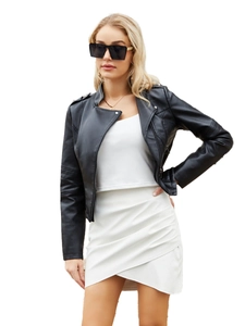 Slim fit black faux leather biker jacket for women with rivets and zipper details
