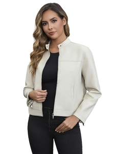 Detail of cream faux leather jacket showing stand collar, zipper cuff, and smooth texture