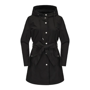 Detail of waterproof hooded windbreaker with metal buttons and waist drawstring belt