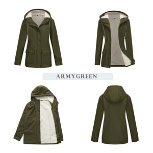 Detail view of army green hooded parka with warm white fleece lining and flap pockets