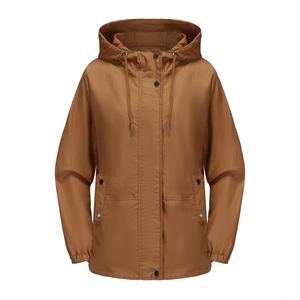 Detail of hooded windbreaker with drawstring hood, metal buttons and utility pockets