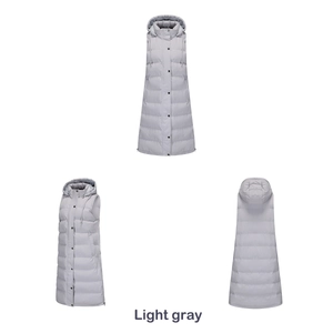 Three-way view of long hooded light gray quilted vest with snaps and drawstring hood