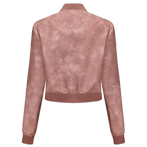 Rear view of pink oversized bomber jacket with ribbed collar and elastic waist details