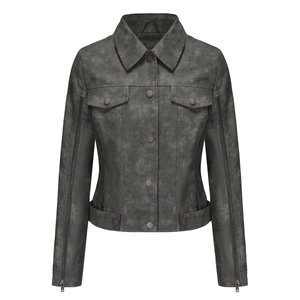 Detail of slim fit dark gray faux suede jacket with unique zipper sleeves and metal buttons