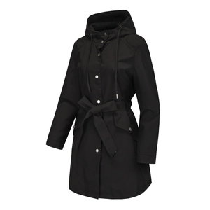 Waterproof hooded windcoat detail with adjustable drawstring hood and waist belt